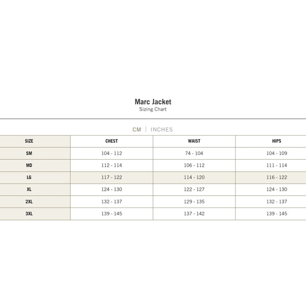 Outback Trading Co. Marc Jacket Sizing Guide