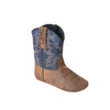 Brown and blue cowboy boot with 'Pure Western' branding on a white background