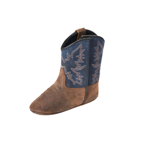 Brown and blue cowboy boot with intricate design on a white background
