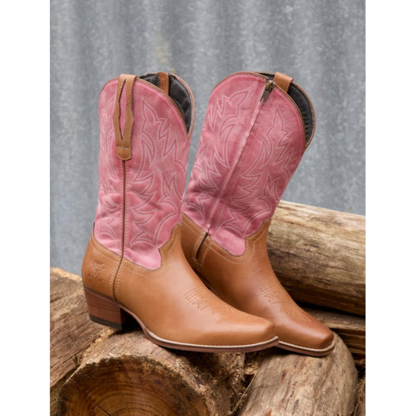 Pure Western Women's Pioneer Boot in Pink and Honey (Tan)