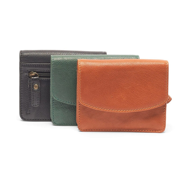 Three leather wallets in black, green, and tan